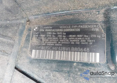 1997 BMW Z3 1.9L Roadster z USA, uszkodzony, nr VIN 4USCH7328VLB80648